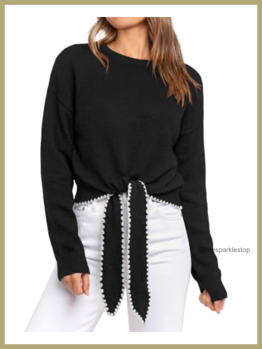 Long Sleeve Tie Front Sweater Crew Neck Cropped Pullover